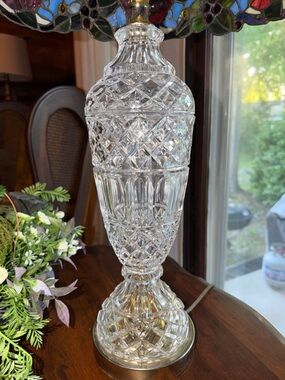 Vintage Cut Crystal Table Lamp with Brass Neck - Clear Glass Set of 2